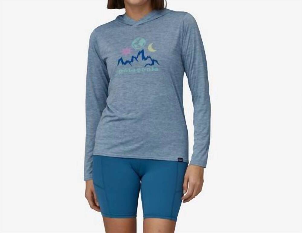 NEW PATAGONIA cap cool daily graphic hoodie in mystic mountain: steam blue x-dye